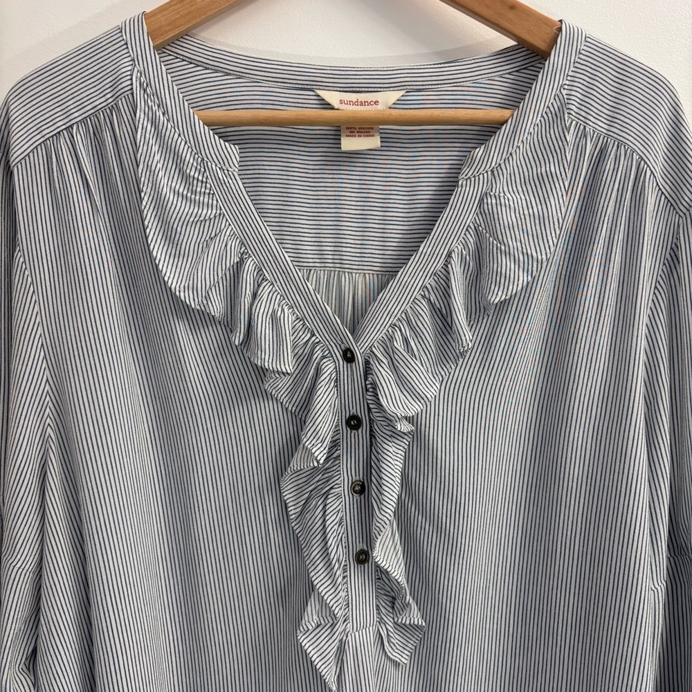 Sundance Blue Striped Ruffle Blouse Top XL‎ Boho Peasant Artsy Coastal Pirate - Picture 4 of 9